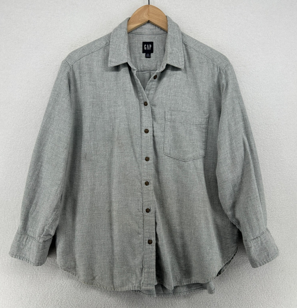 GAP Top Womens S Petite Cotton Flannel Shirt Button Up Long Sleeve Heather Gray